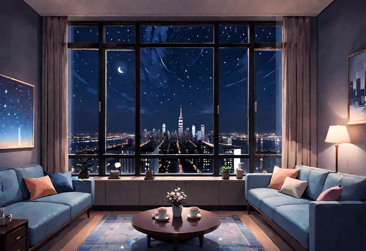 ((((front view)))), Shallow scene, ((animation style)), (((City high-rise building scenery))), ((((City scenery outside the window)))), ((sense of mystery)), (night), starry sky, moonlight, (weak warm light), (Facing the window), (open window), modern-style interior,  (sofa and coffee table by the window sill), Wooden floor, with white walls, (large windows), carpet, a living room, (Behind the sofa is the window sill),