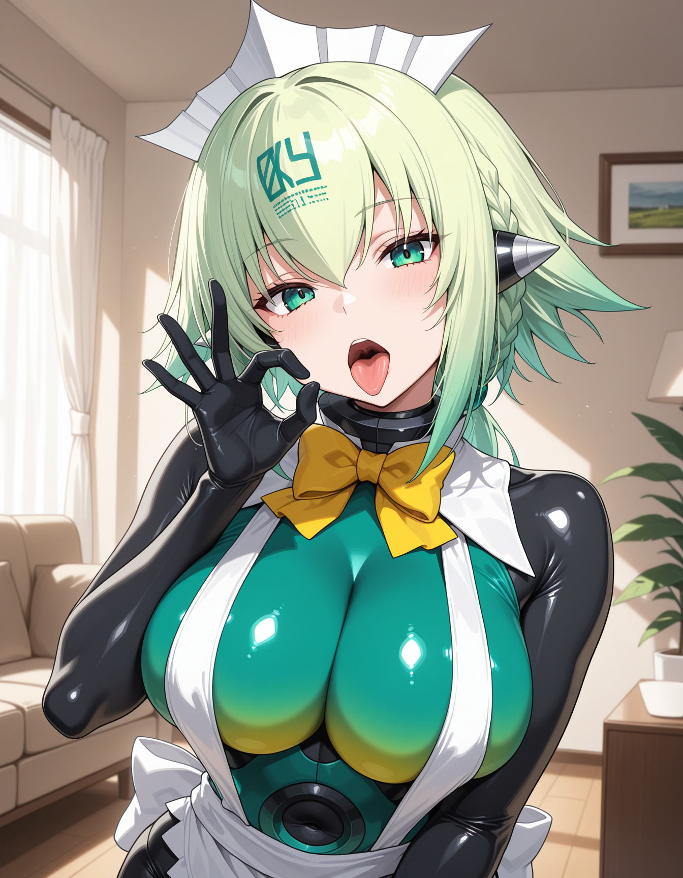 1girl, solo, emeraBG, android, green hair, medium hair, green eyes, expressionless, head tilt, maid headdress, headgear, yellow bowtie, large breasts, impossible clothes, black and green bodysuit, skin tight, shiny clothes, black arms, maid apron, waist apron, fellatio gesture, tongue out, portrait, indoors, living room, light theme, masterpiece, best quality, very aesthetic <lora:emera_illustrious_v1:0.8>