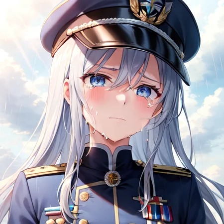1girl, bangs, blue_eyes, cloud, cloudy_sky, crying, crying_with_eyes_open, enterprise_\(azur_lane\), eyebrows_visible_through_hair, hair_between_eyes, hat, long_hair, looking_at_viewer, military, military_hat, military_uniform, peaked_cap, rain, sad, silver_hair, solo, streaming_tears, sunlight, tearing_up, tears, wet
