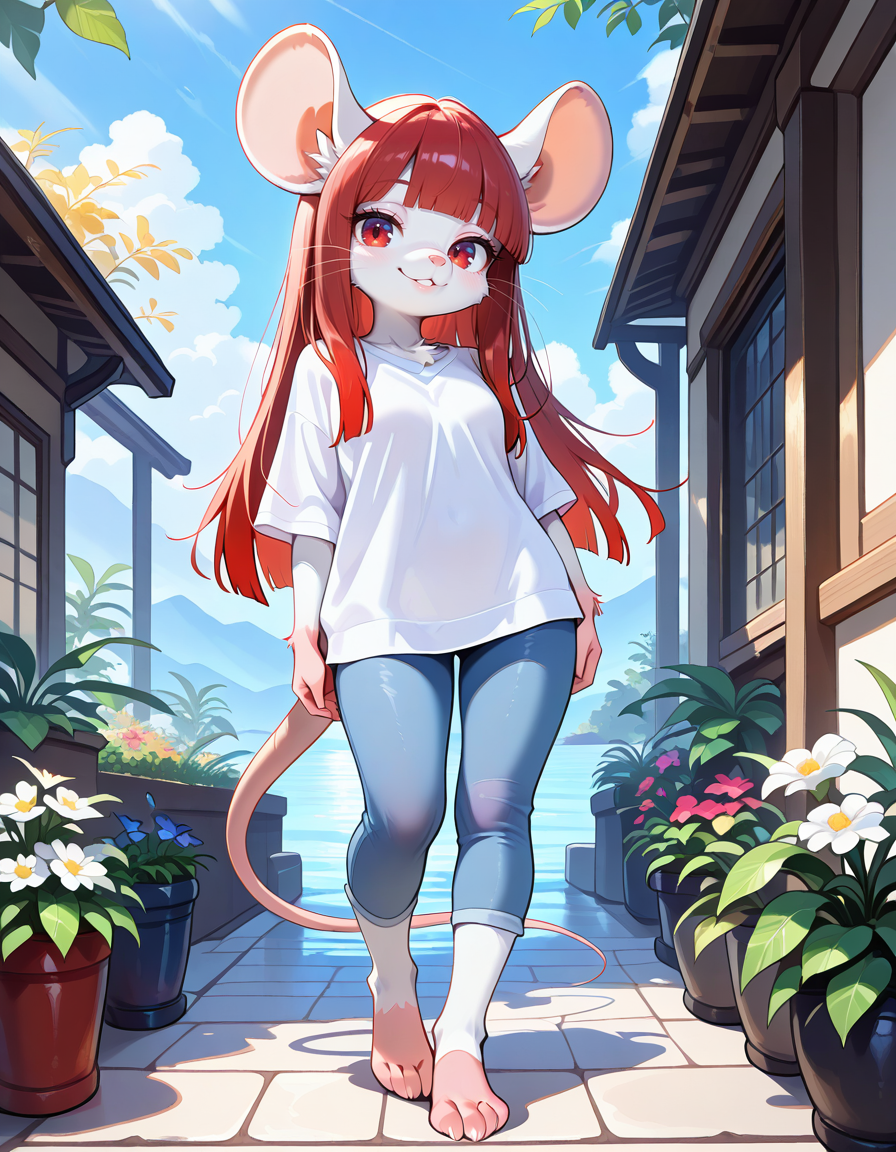 masterpiece, best quality, very aesthetic, absurdres,
outdoors,
full body,  standing, posing, casual, 
seductive smile, parted lips, long eyelashes,
<lora:Aniya_v01_NAIXL:1>
Aniya, 1girl, solo, furry, furry female, mouse girl, long hair, red hair, gradient hair, straight hair, blunt bangs, sidelocks, red eyes, long snout, animal nose, whiskers, body fur, white fur,