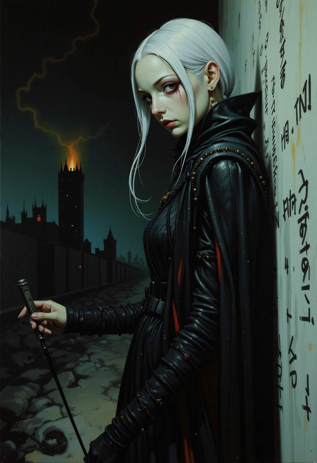 A hauntingly beautiful oil painting in a semi-realistic dark fantasy horror style, blending anime influences with cinematic drama. The scene is an extreme close-up of a towering, impossibly tall and thin female figure, her face a masterpiece of eerie elegance. Her skin is deathly pale, almost translucent, with sharp, angular features and sunken eyes that glow faintly in the dark. The background is a solid, foreboding black, but faint traces of a ruined city can be seen in the distance, with one flickering light in a crumbling tower casting long, ominous shadows. The character is dressed in tattered, flowing dark robes that seem to shimmer with an otherworldly texture, and her long, spindly fingers are stained with ink as she writes the same mysterious word over and over on the walls. The atmosphere is thick with dread and an unspoken horror, as if the very air is heavy with the weight of ancient secrets. Hyperdetailed, with bold brushstrokes and vivid, contrasting colors that leap off the canvas., fantasy painting, GTHAN, Gothic,.,oil painting, semi-realistic, dark fantasy horror, anime style, extreme close-up, female character portrait, cinematic, solid color background, ruined city, flickering light, ancient figure, dark dystopian, impossibly tall, thin, creepy, scary, hyperdetailed, flowing dark robes, long spindly fingers, ink-stained, writing on walls, mysterious word, bold brushstrokes, vivid contrasting colors, eerie elegance, deathly pale skin, sharp angular features, glowing eyes, tattered robes, shimmering texture, ominous shadows, ancient secrets, dread, otherworldly, hauntingly beautiful, fantasy painting, GTHAN, Gothic,.,<lora:Eldritch_Fantasy1.2.2:0.298> fantasy painting,<lora:Comic book opus IV:0.113><lora:GTHAN-F:0.76> GTHAN, Gothic,<lora:Tsutomu_Nihei_Style_flux:0.329>