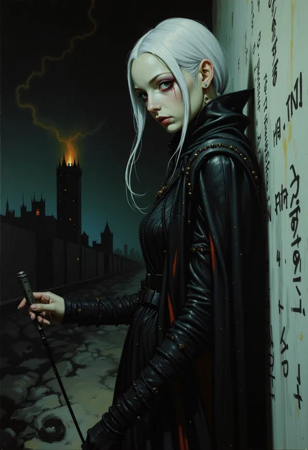 A hauntingly beautiful oil painting in a semi-realistic dark fantasy horror style, blending anime influences with cinematic drama. The scene is an extreme close-up of a towering, impossibly tall and thin female figure, her face a masterpiece of eerie elegance. Her skin is deathly pale, almost translucent, with sharp, angular features and sunken eyes that glow faintly in the dark. The background is a solid, foreboding black, but faint traces of a ruined city can be seen in the distance, with one flickering light in a crumbling tower casting long, ominous shadows. The character is dressed in tattered, flowing dark robes that seem to shimmer with an otherworldly texture, and her long, spindly fingers are stained with ink as she writes the same mysterious word over and over on the walls. The atmosphere is thick with dread and an unspoken horror, as if the very air is heavy with the weight of ancient secrets. Hyperdetailed, with bold brushstrokes and vivid, contrasting colors that leap off the canvas., fantasy painting, GTHAN, Gothic,.,oil painting, semi-realistic, dark fantasy horror, anime style, extreme close-up, female character portrait, cinematic, solid color background, ruined city, flickering light, ancient figure, dark dystopian, impossibly tall, thin, creepy, scary, hyperdetailed, flowing dark robes, long spindly fingers, ink-stained, writing on walls, mysterious word, bold brushstrokes, vivid contrasting colors, eerie elegance, deathly pale skin, sharp angular features, glowing eyes, tattered robes, shimmering texture, ominous shadows, ancient secrets, dread, otherworldly, hauntingly beautiful, fantasy painting, GTHAN, Gothic,.,<lora:Eldritch_Fantasy1.2.2:0.298> fantasy painting,<lora:Comic book opus IV:0.113><lora:GTHAN-F:0.76> GTHAN, Gothic,<lora:Tsutomu_Nihei_Style_flux:0.329>