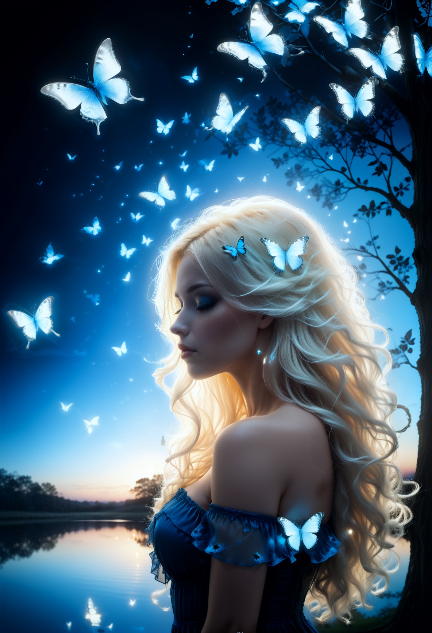 a pitch black setting with a silhoutte of a beautiful long haired woman lit up by a blue hue, magical, silhouette, blue theme, blue horizon, tree silhouette, eyes closed, ephemeral, reflection, fantasy, silhouette, dark, blonde hair, long hair, butterflies  <lora:sdxl\add-detail-xl> <lora:sdxl\xl_more_art-full_v1>