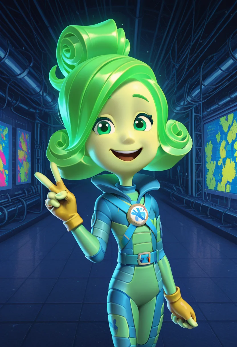 Graphic Design, color art, vibrant colors, colorful, intricate details, high contrast, detailed background, beautiful detailed, beautiful face, detailed eyes, detailed face, new, 1girl. solo, v3rt4, green hair, green eyes, bodysuit, gloves, fingerless gloves, belt, factory, v, cowboy shot, smile, open mouth, happy, chibi, (masterpiece, best quality, newest, recent, absurdres),