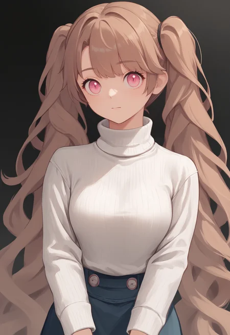 score_9, score_8_up, score_7_up, source_anime BREAK 1girl, solo, <lora:miranda-nikke-richy-v1_pdxl:1> mrndnkk, pink eyes, brown hair, twintails, very long hair, bangs, turtleneck sweater, white sweater, ribbed sweater