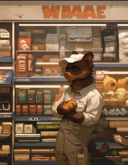 source_furry, brown cat standing behind a counter of store, resting head on hand, tired, white cap, store uniform, background shelf of magazine, <lora:Tails Noir - Urban Pixels:1> t4ils_n0ir, pixel_art, score_9, score_8_up, score_7_up, score_6_up, score_5_up,
