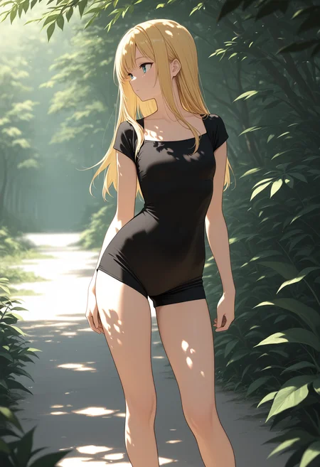 masterpiece, best quality, high quality,
1girl, blonde hair,long hair,
black romper, contrapposto,
outdoors, dappled sunlight,
<lora:romper_v0.2-illu:1>