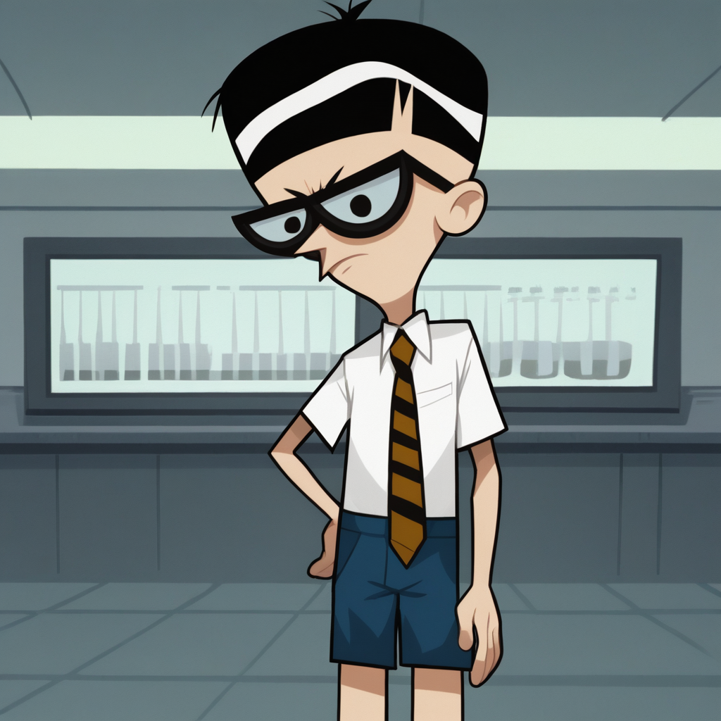 score_7_up, BREAK, Mandark, 1boy, solo, black hair, black eyes, glasses, shirt, shorts, necktie,   <lora:Mandark_PXL_Leaf1:1>, cowboy shot, laboratory,