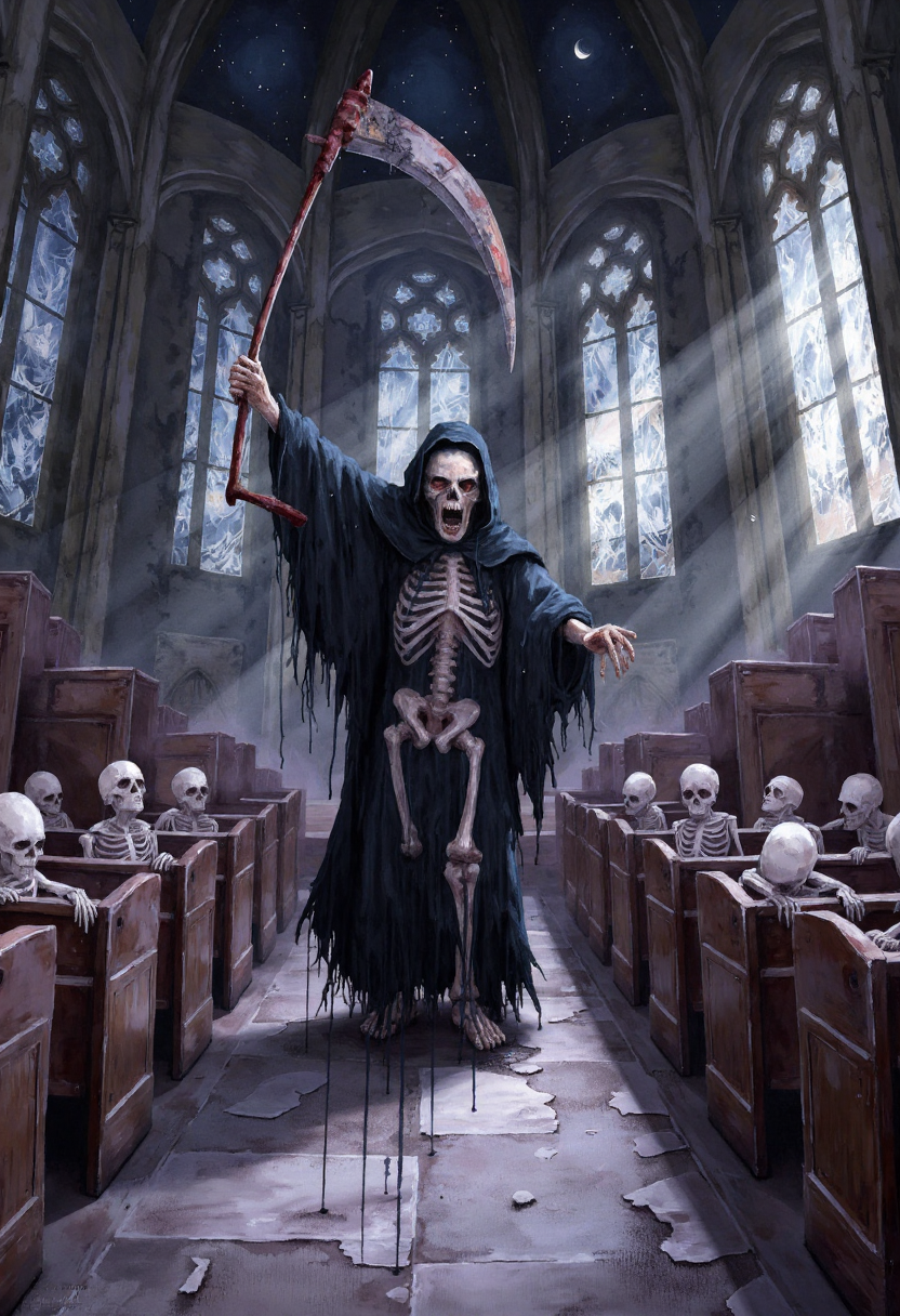Watercolor painting of a, a skeletal figure clad in a tattered monkâs robe standing in the middle of an ancient cathedral, its hollow eyes glowing faintly with an unholy light as it raises a massive, rusted scythe above its head, the rotting pews surrounding it filled with kneeling skeletons in silent prayer, moonlight streaming through the cracked stained-glass windows, casting distorted shadows across the broken altar, while a distant bell tolls, echoing ominously throughout the stone halls