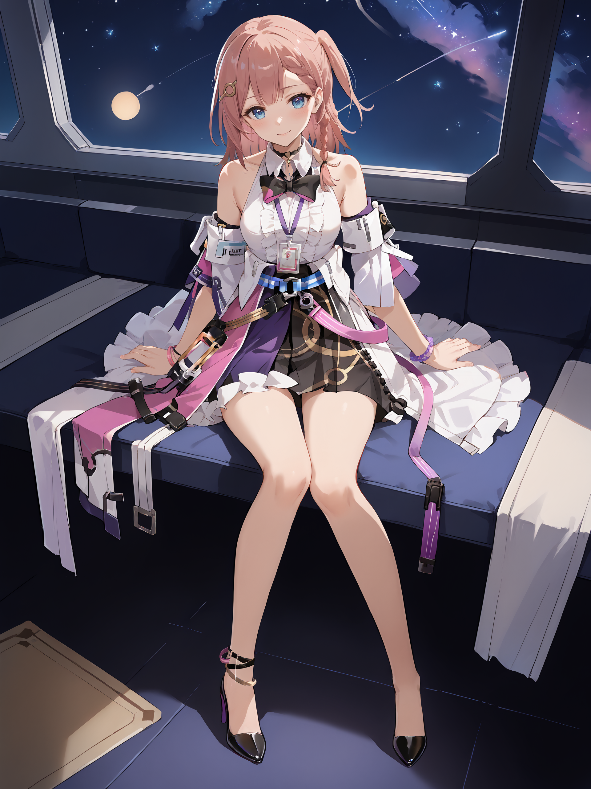score_9, score_8_up, score_7_up, source_anime, 1girl, asta \(honkai: star rail\), detached sleeves, sleeveless shirt, id card, high heels, high-waist skirt, overskirt, anklet, thigh strap, bracelet, hairpin, belt, bowtie, choker, looking at viewer, starry sky, shooting star, light smile, blush, embarrassed, full body, reclining  <lora:Char-HonkaiSR-Asta-Pony-V1:1>