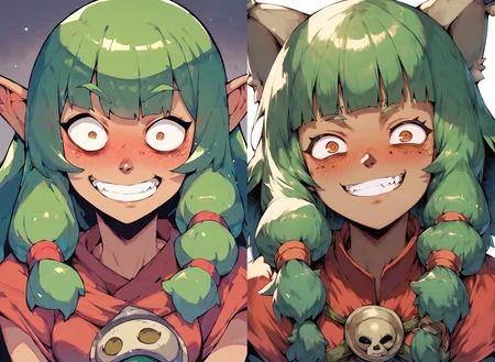 score_9, score_8_up, score_7_up, score_6_up, Masterpiece,8k,wakfu,1girl,solo,looking at viewer,blush,smile,green hair,teeth,grin,constricted pupils,