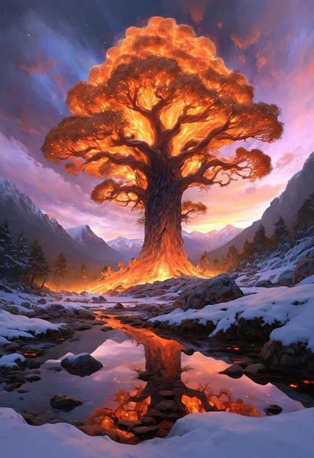 (by Ellen Jewett:1.5), (Fiery orange Bioluminescent Impressionism, mountain landscape, The Dreamland, Gibson Great Mountains, rock, sky, giant tree, great grand tree on mountains, great fire, great great magical tree, sunset, sunrise , stream, lightining, snow and ice, ethereal landscapes, depth of field, biotech emotion:1.3) <lora:xl_more_art-full_v1:0.5> <lora:add-detail-xl:1> <lora:RMSDXL_Creative:2>