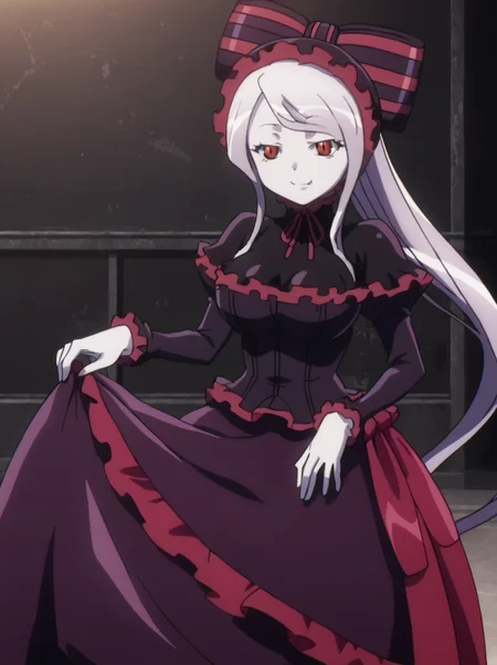 detailed background, shiny skin, posing, rating safe,
<lora:shalltear.pony:1>,
shalltear,
large breasts,
cowboy shot,
leaning, greeting, half-closed eyes, holding skirts, looking at viewer, smile,