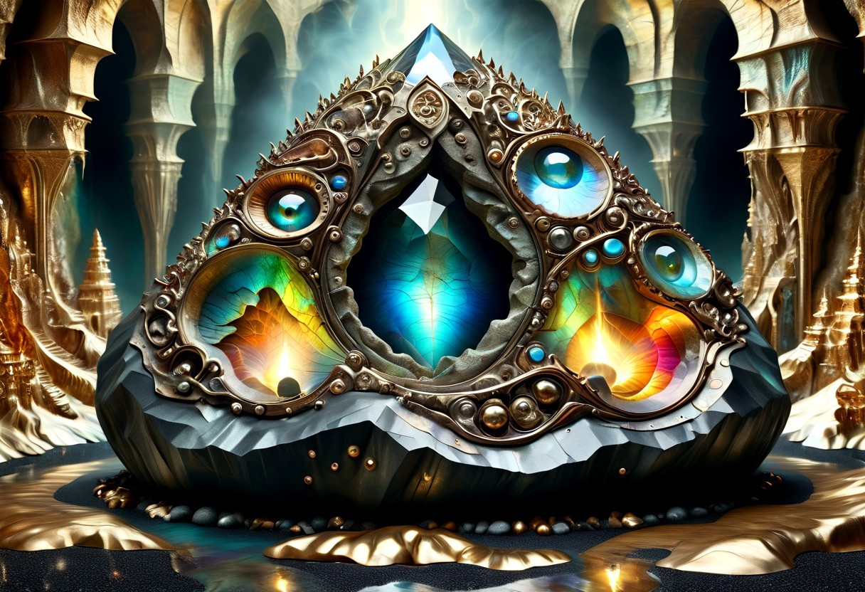 Iridescent Damascus, photorealistic, film grain, color graded cinematic, eye catching, atmospheric lighting, highly detailed, deep depth of field, wide angle, a vast cavern, surreal, soft organic shapes, natural formation,smoothed by time and water, a (vast space:1.9) opening before the viewer,  an underground lake, crystal clear water, irregular shape formed by millenia of flowing water, reflecting torchlight, crystals in the rock walls glint in the (colours of the rainbow:1.6), intricately patterned with (labradorite:1.8) and moonstone, contrasted with (black granite:2.0), soft rounded shaped rock inviting to sit down near a fire pit, (surreal:1.8), Dalí, Magritte