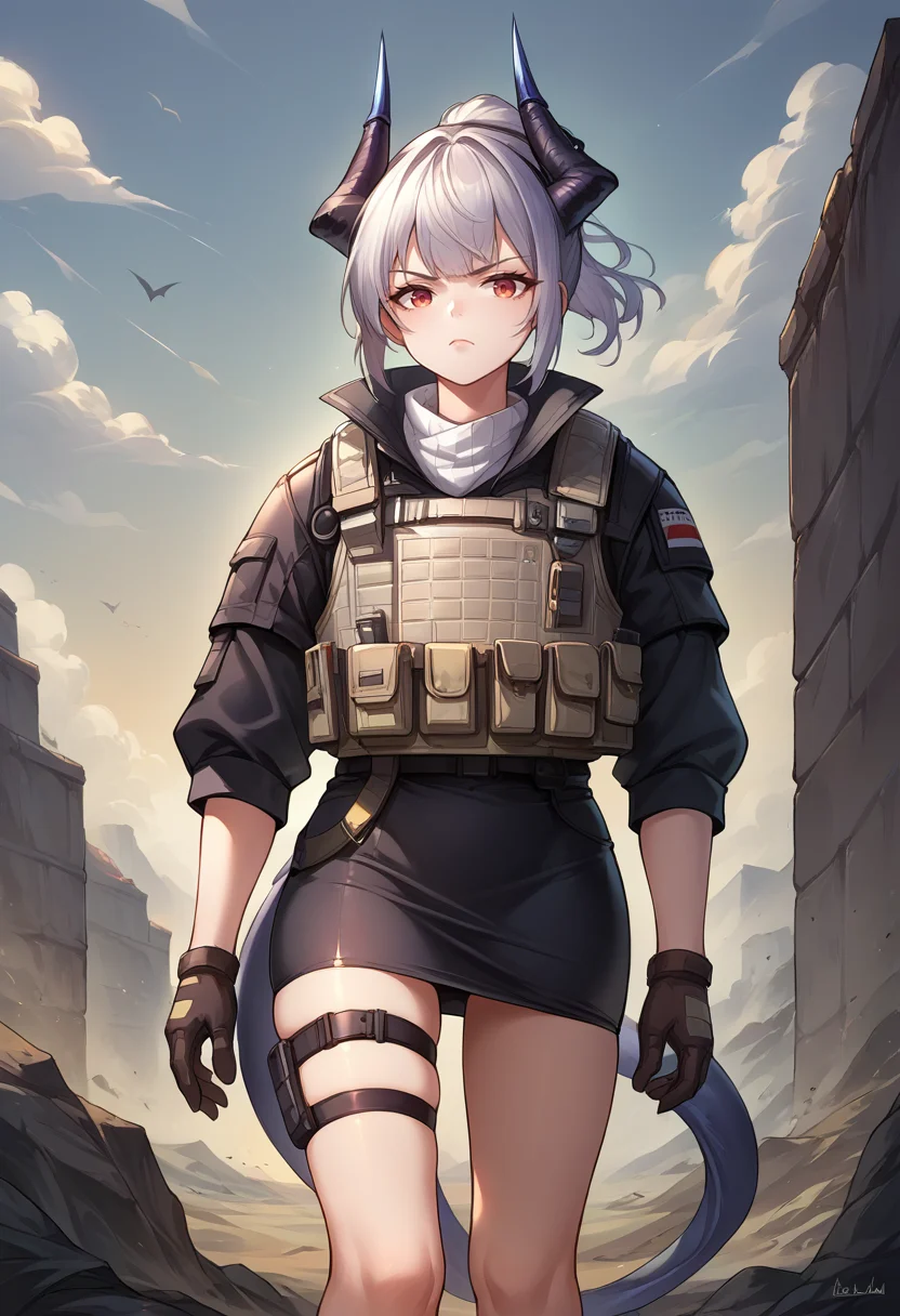 score_9, score_8_up, source_anime, 1girl, solo, LiskarmOverload, horns, tail, short ponytail, tactical clothes, black jacket, bulletproof vest, gloves, black skirt, pencil skirt, thigh strap, black panythose, outdoors, ruin, serious expression, <lora:ChamLiskarmPonyXL:1>