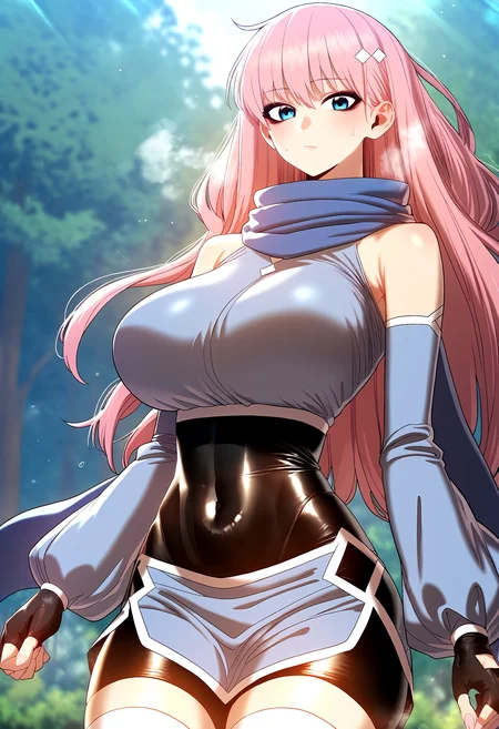 score_9, score_8_up, score_7_up, score_6_up, source_anime, rating_explicit, <lora:neg4all_bdsqlsz_V3.5:2.0>1girl, (solo:1.2), huge breasts, <lora:hansalangponyxl:1> pink hair, long hair, blue eyes, bangs, blush, hair ornament, fingerless gloves, black gloves, sleeveless dress, blue crop top, detached sleeves, blue sleeves, blue scarf, black leotard, covered navel, bike shorts, blue skirt, white thighhighs, expressionless, Narrow shoulders, heavy breathing, steaming body, forest, outdoor, looking at viewer