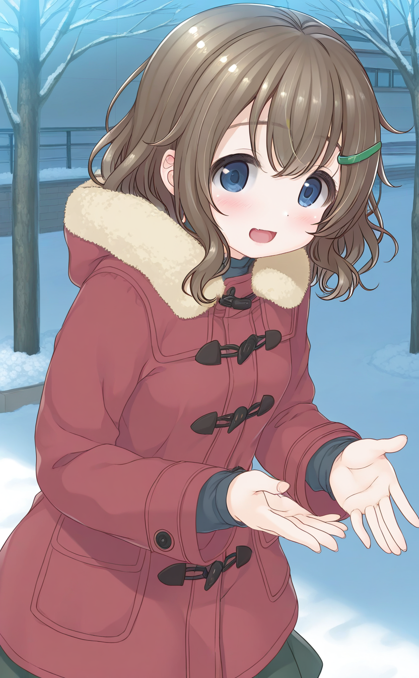 general,highres, ultra-detailed,very aesthetic,best quality ,best hands,  BREAK <lora:Fukami_Nonoka_IS:1> FukamiNonoka, 1girl,solo, bangs, medium hair, brown hair, hairclip, blue eyes, smile, open mouth,
red coat, looking at viewer, skirt, long sleeves, fur trim, winter clothes