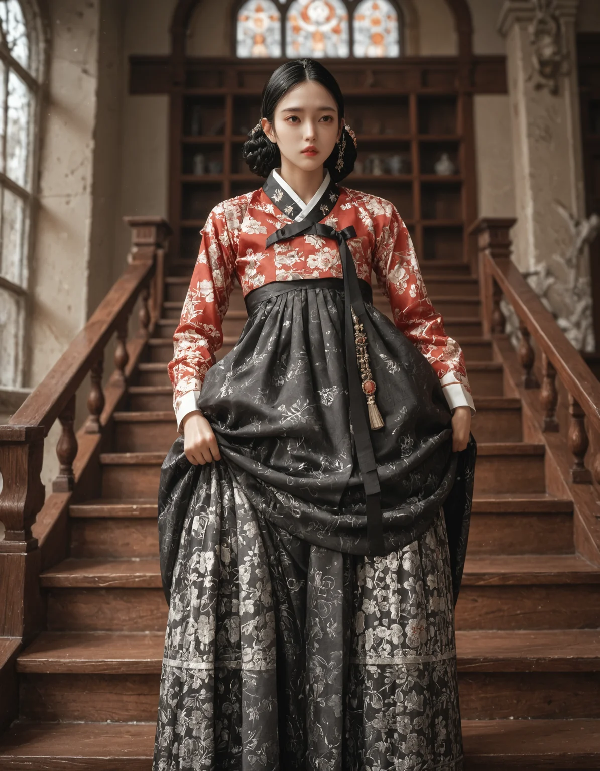 score_9, score_8_up, score_7_up, score_6_up, score_9, score_8_up, score_7_up, score_6_up, anime, cartoon, 1girl, floral hanbok, patterned skirt, black ribbon, skirt hold, petticoats, walking down stairs, stone stairs, european castle, indoors, very clear image, detailed face, detailed character design, ultra-high resolution, perfectly composed, clear, breathtaking attention to detail, highres, ultra detail, 8k wallpaper,