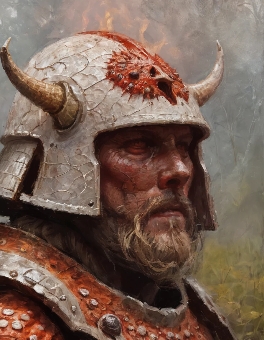 <lora:crmu:0.6>crmu, viking, closeup, impasto, third eye of fire, amanita muscaria helmet