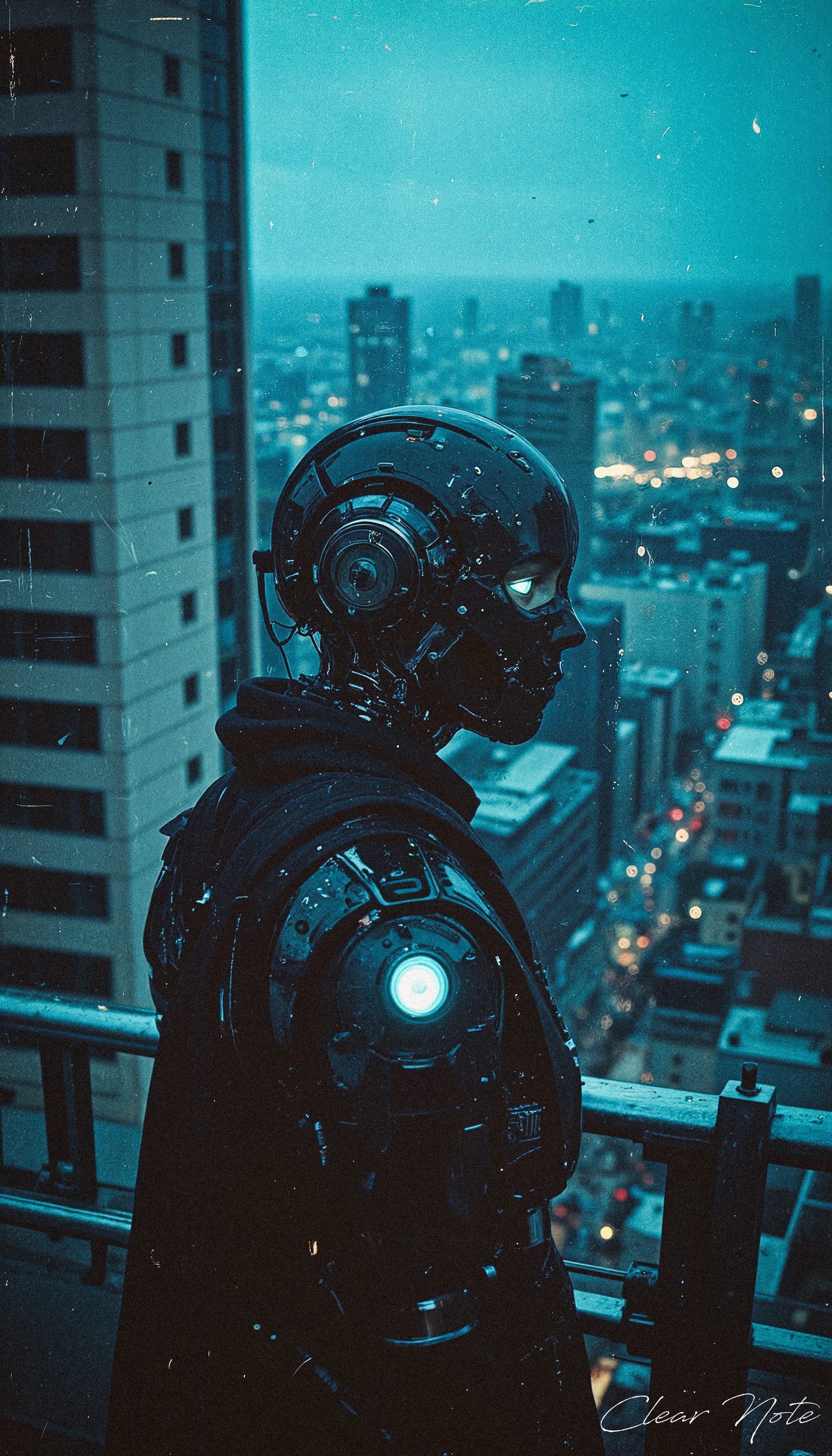 A cyborg sadly looks down on the big city. He exudes sadness more than any human could.