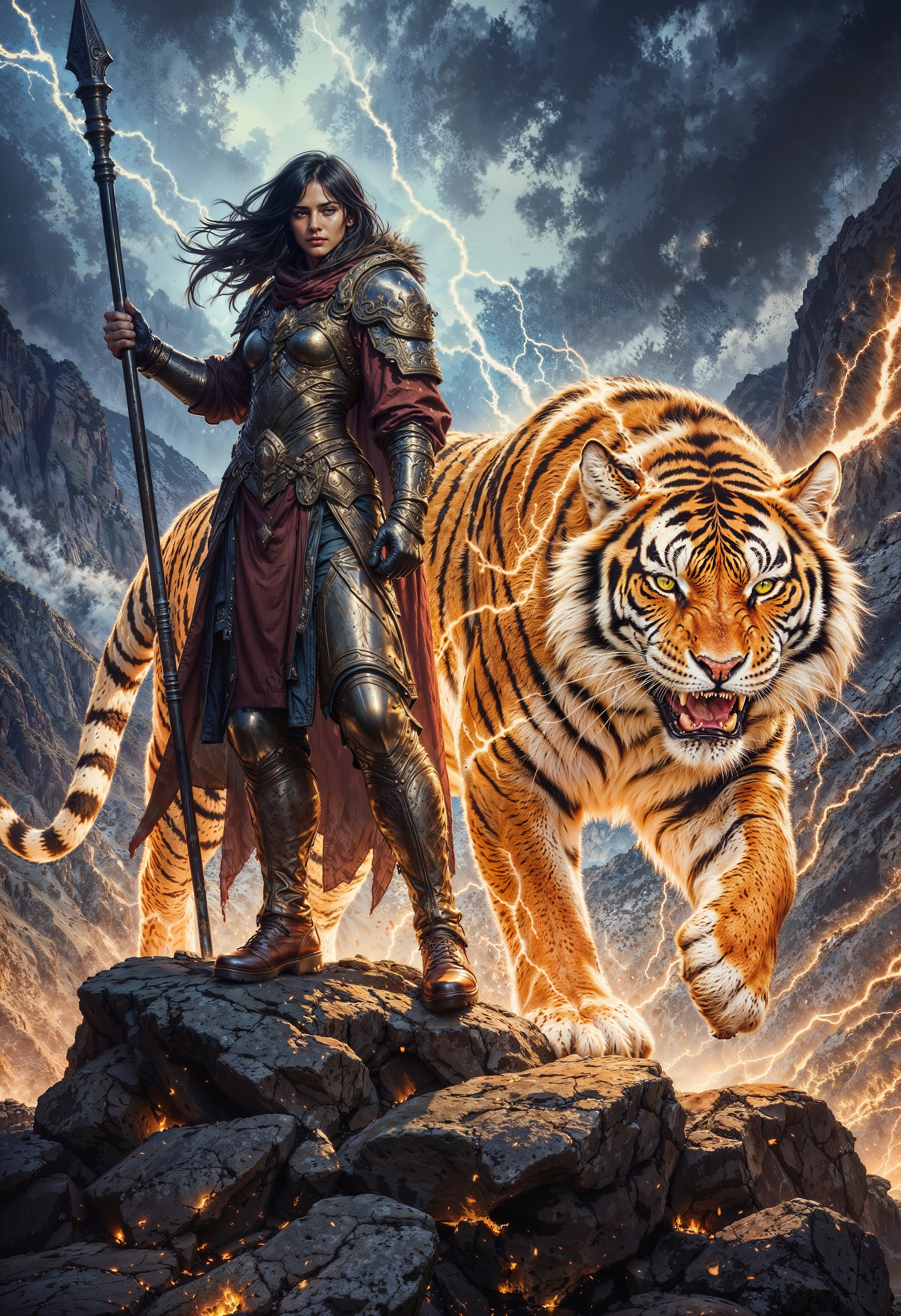 A warrior stands on a rocky mountainside, her silhouette illuminated by the jagged forks of lightning tearing across the stormy sky. Her armor is sleek and metallic, etched with glowing runes that pulse in sync with the tempest. Beside her prowls a massive lightning tiger, its fur crackling with electric energy, glowing stripes arcing like bolts of pure power. The tiger's eyes blaze with an intense golden light, and its growl reverberates like thunder. The woman's piercing gaze matches her companion's ferocity, her hair whipping in the wind as she raises a spear tipped with an electrified blade. The mountains are shrouded in swirling clouds, and the ground beneath their feet is scorched and crackling with residual sparks, a testament to their untamed power.