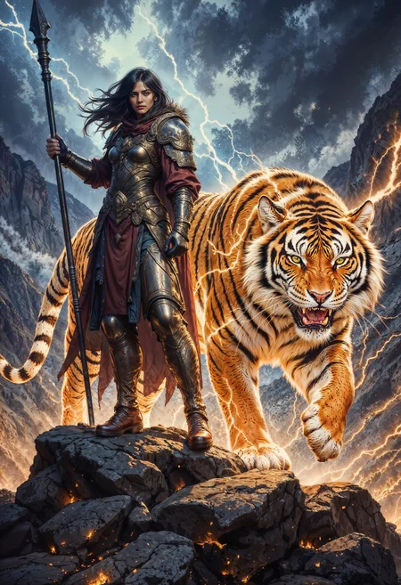 A warrior stands on a rocky mountainside, her silhouette illuminated by the jagged forks of lightning tearing across the stormy sky. Her armor is sleek and metallic, etched with glowing runes that pulse in sync with the tempest. Beside her prowls a massive lightning tiger, its fur crackling with electric energy, glowing stripes arcing like bolts of pure power. The tiger's eyes blaze with an intense golden light, and its growl reverberates like thunder. The woman's piercing gaze matches her companion's ferocity, her hair whipping in the wind as she raises a spear tipped with an electrified blade. The mountains are shrouded in swirling clouds, and the ground beneath their feet is scorched and crackling with residual sparks, a testament to their untamed power.