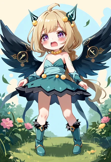 (score_9:0.9),score_8_up,score_7_up,rating_safe,anime style,(zPDXL),(zPDXL3),
<lora:Hugin the Runick Wings ponyXL v1:0.76>,hugin the runick wings, 1girl, solo, open mouth, tears, chibi, blush, green hair ornament, green strapless dress, full body, minigirl, yellow necklace, green vambraces, green knee boots
