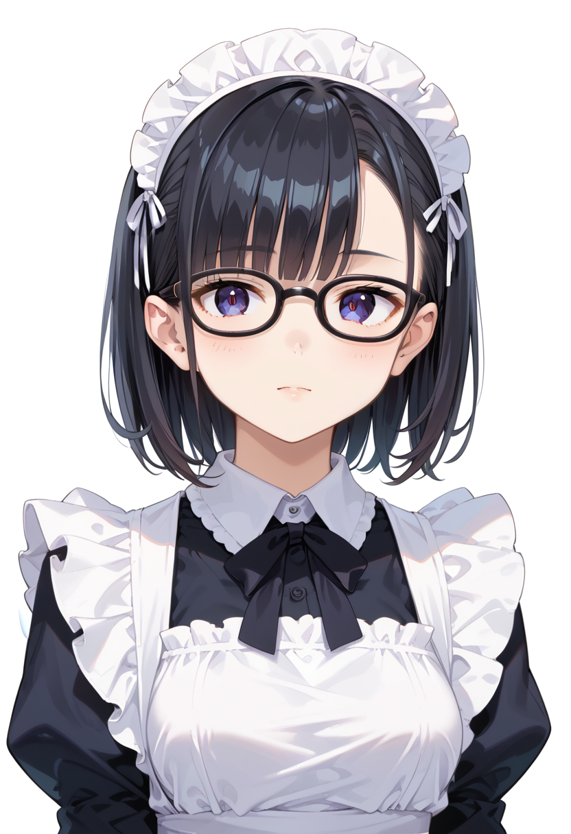 score_9, score_8_up, score_7_up, rating_safe, masterpiece, best quality, absurdres, unity 8k wallpaper, official art, official style, source_anime, uncensored, game cg, megami magazine,
1girl, solo, black hair, medium hair, upper body, covered eyes,maid, maid headdress, black dress, maid apron, face focus,
oval_cell, glasses, still life, white background, simple background, black-framed eyewear,
 <lora:glasses_OvalCell2_PONY_V1:1>