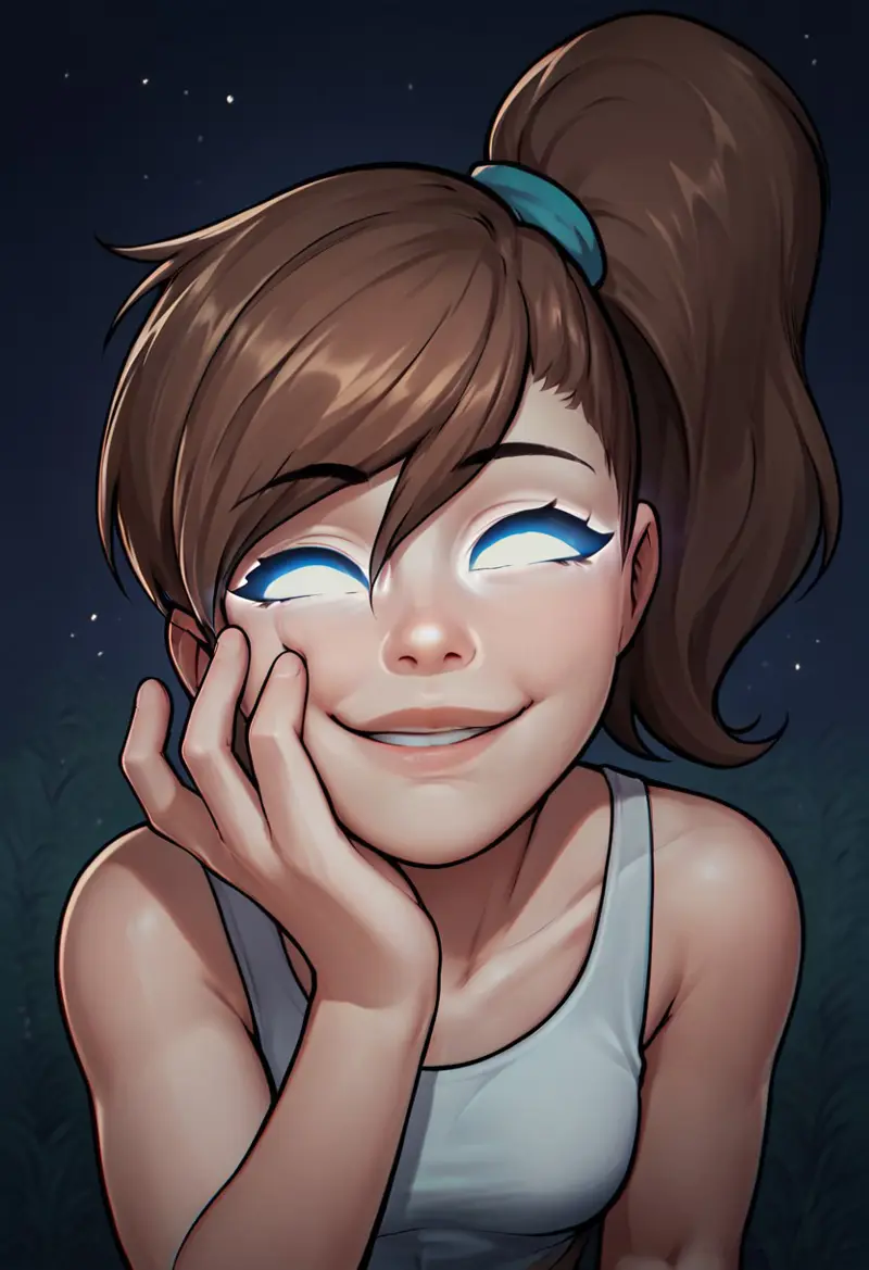 night,dark,extreme closeup of face,face focus,HCHerobrine,cute face,score_9, score_8_up, score_7_up, score_6_up, score_5_up,side ponytail, brown hair, glowing eyes