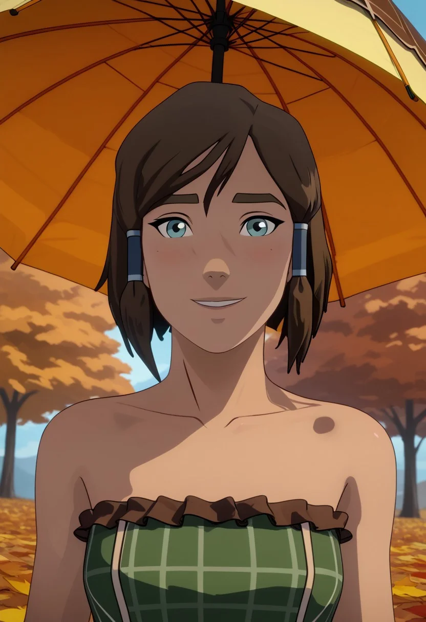 Score_9, Score_8, Score_7, TDPStyle, Korra, hair tubes, 1girl, perfect face, looking at viewer, adult, sexy,
bob cut, inverted bob, plaid clothes, plaid dress, brown dress, green dress, strapless dress,
umbrella, brown frilled umbrella,
autumn, autumn leaves,
blush, shy smile,
portrait, face focus, detailed face,