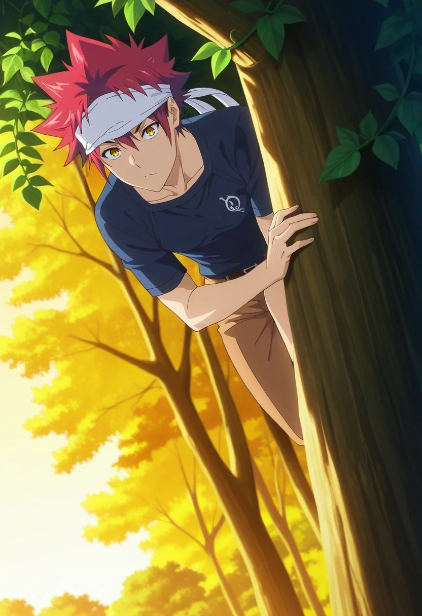 masterpiece, best quality, , anime screencap, , , , 1boy, solo, male focus, <lora:souma_yukihira_ilxl:0.94>, souma_yukihira, red hair, yellow eyes, spiked hair, white headband, , jungle canopy, tree platforms, vine bridges, bird nests, climbing pose, adventurous expression, morning, Striped Corduroy White Chinos, Thermal shirt, Espadrilles, Newsboy cap, Motorcycle Helmet with Visor