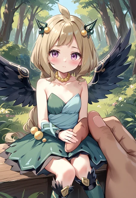 (score_9:0.9),score_8_up,score_7_up,rating_safe,anime style,(zPDXL),(zPDXL3),
<lora:Hugin the Runick Wings ponyXL v1:0.77>,hugin the runick wings,1girl,green strapless dress,blush,closed mouth,solo,looking at viewer,sitting on hand,green hair ornament,collarbone,green knee boots,minigirl,yellow necklace,green vambraces,sitting,size difference,forest,