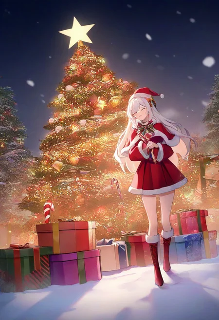 masterpiece, best quality, newest, absurdres, highres, safe,Imagine a towering candy Christmas tree glowing with colorful gumdrop lights, candy cane tinsel, and a star made of golden caramel, placed in a magical snowy village made of gingerbread houses.
,
candy tree, peppermint, gumdrops, Christmas, snow, whimsical., CHRC4ND7