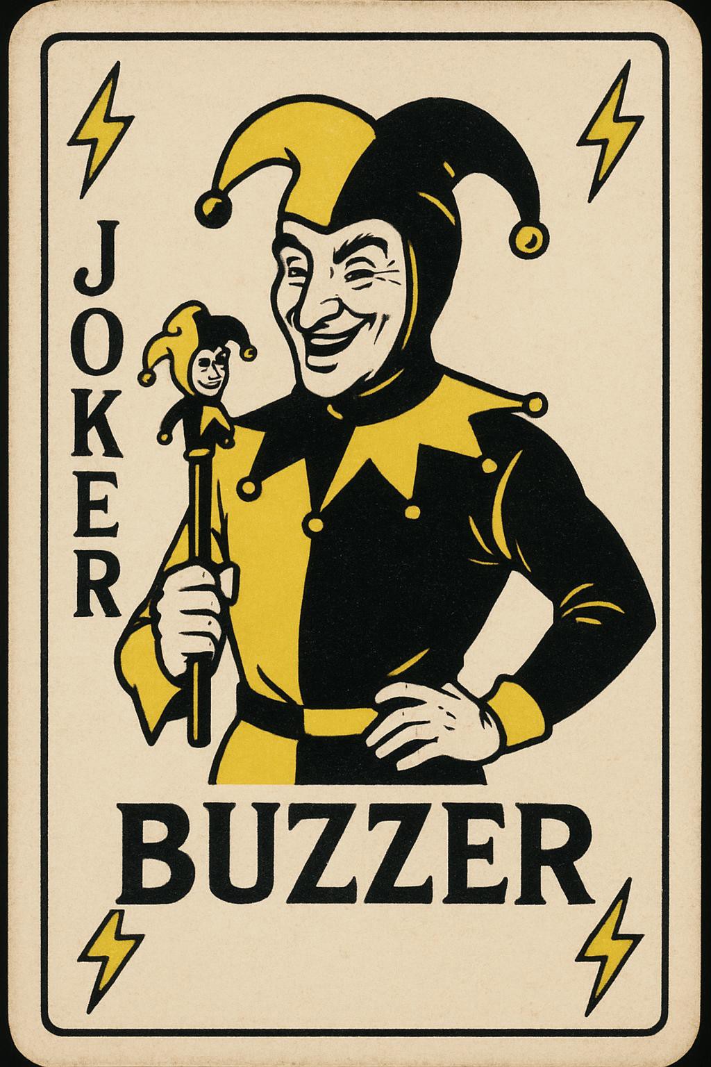 Create an image in the style of a Joker Card from a playing card deck.

In the center there is a drawing of a Jester with a black and yellow motif with the description text "BUZZER"

In the top left corner of the card there is a yellow lightning bolt symbol. In the top right corner of the card there is a yellow lightning bolt symbol. In the bottom left corner of the card there is a yellow lightning bolt symbol. In the bottom right corner of the card there is a yellow lightning bolt symbol.