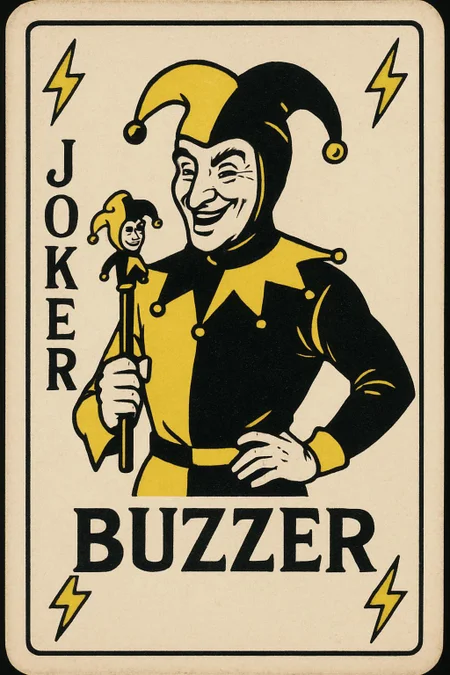 Create an image in the style of a Joker Card from a playing card deck.

In the center there is a drawing of a Jester with a black and yellow motif with the description text "BUZZER"

In the top left corner of the card there is a yellow lightning bolt symbol. In the top right corner of the card there is a yellow lightning bolt symbol. In the bottom left corner of the card there is a yellow lightning bolt symbol. In the bottom right corner of the card there is a yellow lightning bolt symbol.
