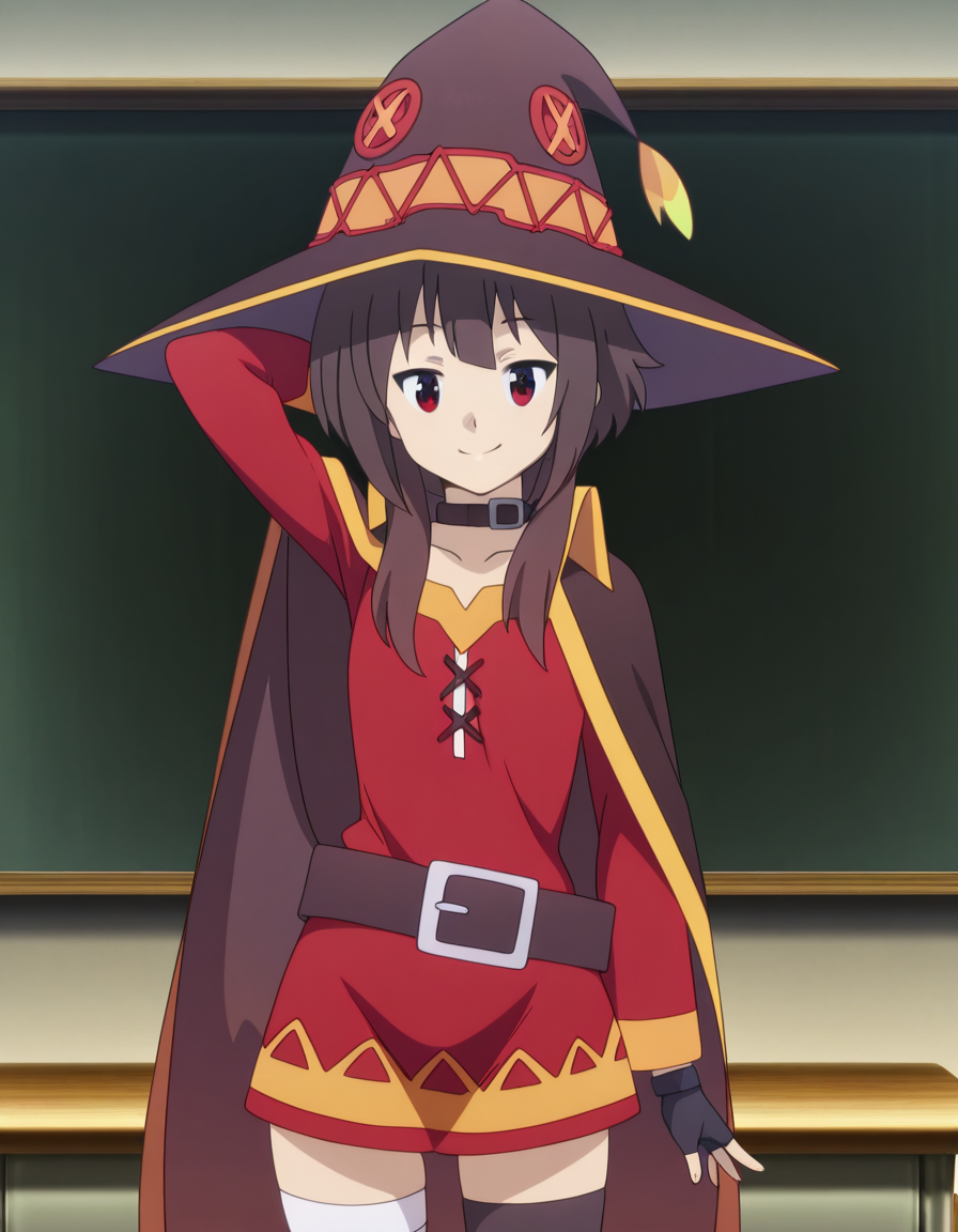 masterpiece, best quality, amazing quality,, <lora:konosuba-megumin-s2-illustriousxl-lora-nochekaiser:1>, megumin, short hair, black hair, red eyes, short hair with long locks, mature female, small breasts, anime screencap, thighhighs, gloves, hat, dress, black gloves, belt, black thighhighs, fingerless gloves, cape, collar, witch hat, bandages, red dress, single thighhigh, asymmetrical legwear, bandaged leg,, classroom, desks, chalkboard, students, teacher, smile, hand behind head, , looking at viewer, solo,, cowboy shot, solo