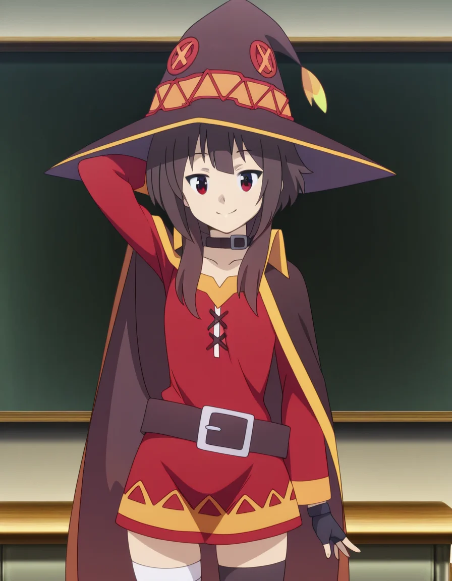 masterpiece, best quality, amazing quality,, <lora:konosuba-megumin-s2-illustriousxl-lora-nochekaiser:1>, megumin, short hair, black hair, red eyes, short hair with long locks, mature female, small breasts, anime screencap, thighhighs, gloves, hat, dress, black gloves, belt, black thighhighs, fingerless gloves, cape, collar, witch hat, bandages, red dress, single thighhigh, asymmetrical legwear, bandaged leg,, classroom, desks, chalkboard, students, teacher, smile, hand behind head, , looking at viewer, solo,, cowboy shot, solo