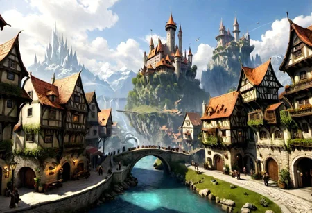 something with fantasy and D&D style, places and streets, regions and cities, special buildings, working people, animals, ultra high quality