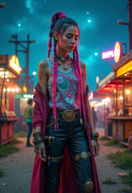 Gypsypunk caravan, in a a eerie forgotten-fairground, rusty rides and dilapidated game booths, the ghostly echoes of screams and laughter still lingering in the air, a reminder of past joys and present decay. , under a meteor shower, featuring Tech-Savvy, Fortune Teller, vibrant, neon-dyed braids, billowy, sleeveless shirt with mechanical, swirling patterns, high-waisted, leather pants with metallic, embroidered patterns, duster coat with built-in, solar panels and numerous, clinking trinkets, augmented, glowing tarot cards, pulsating, rhythmic beats with traditional, gypsy influences, and amidst a swirling, foggy, mystical aura, <lora:flux_trainer/gypsyPunk_v1_rank16_bf16:1.0>, <lora:scifi/moxiePunk_v3D.safetensors:0.7>,