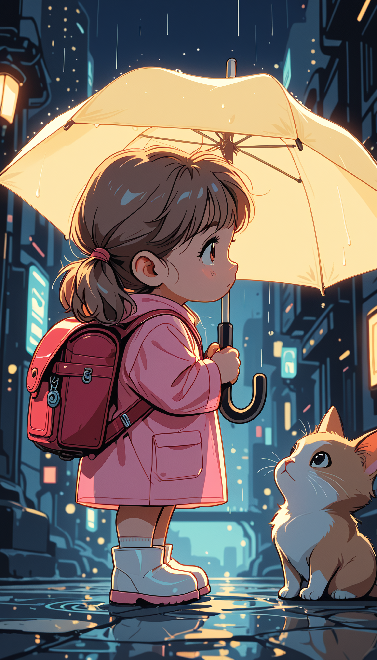 masterpiece, Shinkaistyle,
pinkretroanime, retro art,
Cyberpunk Style, cyberpunk, science fiction, hi tech, future tech, neon, (Cybernetics:1.25), (Neon Cityscape:1.4), (lineless:1.5), smooth edges, (lighten the face:1.5), tall body, slender body, fit body, long legs, In the image, there's a tender scene set in what appears to be a rainy day. A young girl, dressed in a vibrant red jacket and holding a bright yellow umbrella, is standing on the wet pavement of a sidewalk. Her gaze is directed towards her right, where she interacts with an animated feline character, who seems to be sharing her umbrella. The cat, with its white fur, holds a small pink umbrella and gazes up at the girl with an expression of surprise or curiosity. The background features a backdrop that suggests a city street during the evening. Buildings with warm, golden hues line both sides of the street, providing a stark contrast to the cool tones of the rainy weather. The wet pavement reflects the muted colors of the surroundings, while streetlights begin to glow softly in the distance, adding to the atmospheric ambiance. Overall, the image captures a moment of innocence and companionship between the girl and her feline friend, set against the backdrop of an urban evening during rainfall., 1girl, solo, blush, short hair, bangs, blonde hair, brown hair, long sleeves, dress, holding, twintails, brown eyes, closed mouth, standing, full body, boots, outdoors, shoes, socks, medium hair, bag, blurry, looking at another, black eyes, from side, profile, night, blurry background, low twintails, animal, umbrella, red dress, cat, white footwear, light brown hair, backpack, aged down, looking up, short twintails, child, pink dress, eye contact, reflection, walking, rain, water drop, holding umbrella, female child, randoseru, transparent, yellow dress, ripples, puddle, rubber boots, raincoat, transparent umbrella, looking at animal