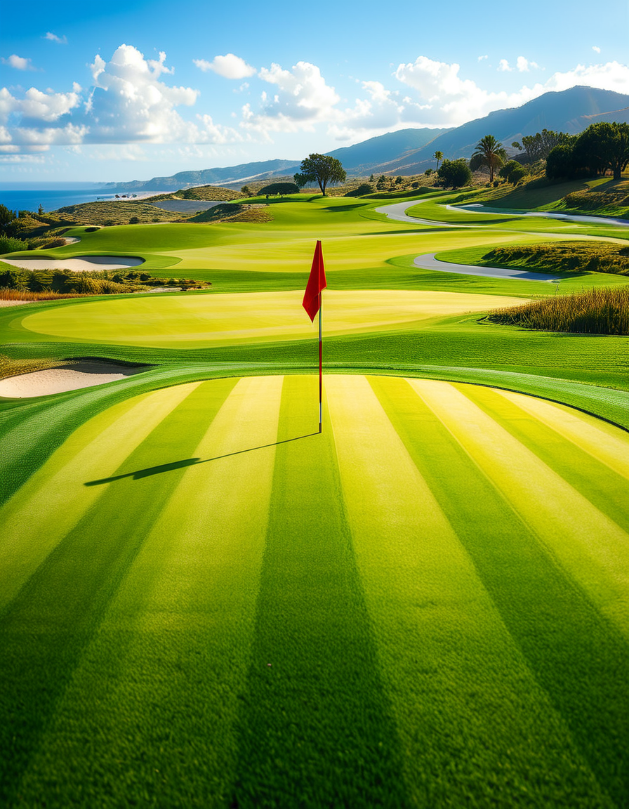 A stunning golf course captured in a high-resolution photograph, bathed in warm sunlight during the golden hour. The vast landscape features lush, perfectly manicured green fairways stretching into the distance, surrounded by rolling hills and scattered sand bunkers with smooth, raked surfaces. A crystal-clear water hazard reflects the sky, adding depth to the scenery. In the foreground, a pristine white golf ball rests on the neatly trimmed grass near a wooden tee marker. A red flag flutters gently atop a flagstick, marking the hole on the undulating green. Tall palm trees or majestic pines line the course, casting long shadows. The background showcases a breathtaking view of distant mountains or a serene blue ocean, enhancing the sense of tranquility and luxury. The sky is a brilliant shade of blue with soft, wispy clouds. The overall composition exudes elegance, precision, and the beauty of nature, capturing the essence of a world-class golf course.
<lora:SDXLFaeTastic2400:0.4> <lora:extremely_detailed:0.4> extremely detailed,<lora:golf_course:1>,golf c0urs3, Masterpiece,best quality,hi res,8k,hi res,8k,award winning,(sharp focus, intricate, highly detailed),