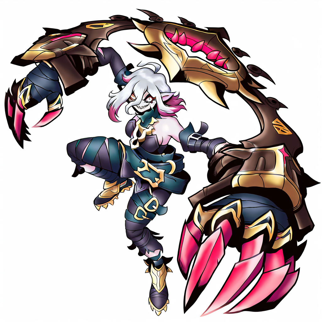 highres, best quality, masterpiece, very aesthetic, newest,DRBStyle, <lora:DigimonReferenceBookIllusV2:0.95>,digimon \(creature\),solo,briar \(league of legends\),sharp teeth,gatling guns,dual wielding gatling guns,belts,white background,full body