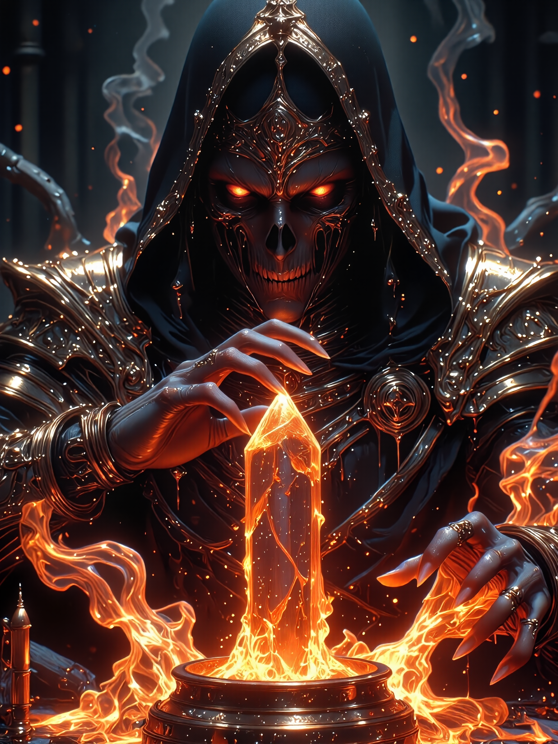 famous artwork, fantasy, sci-fi, hyper-realistic, photo-realistic, ultra detailed, accurate, high resolution, uhd, 8k, 4k, dramatic, highly aesthetic, at night, dim lighting, as our crowns begin to rust, karmic debt that burns to dust, incinerate our beings as you must, when will you come? where will we be? when will you come for me? as saturn's coming down, ancient horrors, eternal darkness, hooded figure, liquid mercury, shimmering potion, formless nightmare, shimmering obelisk, flesh-bound grimoire, lovecraftian, cthulhu mythos, mythp0rt, hkdeath, <lora:style-mythic_fantasy-v2-flux-by_velvets:0.68> <lora:living_death-flux-by_hailoknight:0.92> <lora:epic_gorgeous_details-balance-flux-by_flyway:0.68> <lora:image_enhancer-flux-by_dever:0.68>
