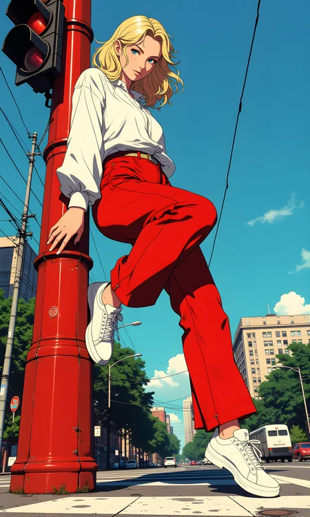 A woman with blonde hair is captured in a dynamic pose, leaning against a red traffic light pole. The camera is positioned at a low angle, looking up at her as she extends one leg forward and rests her hand on the pole. She wears a white blouse, bright red pants, and white sneakers, creating a striking contrast against the urban backdrop. The lighting is natural, likely from the sun, casting sharp shadows that emphasize the texture of the ground and the pole. The background features a clear blue sky, some trees, and distant buildings, suggesting an outdoor setting in a city or suburban area. The composition centers on the woman's movement and the pole, with the background elements providing context and depth to the scene.
BREAK anime, d13s3lp2nk, bboil artist style, OBdonman, Anime art, <lora:FLUX\Anime Art V3:0.2>, <lora:FLUX\Synesthesia:0.2>, <lora:FLUX\RetroAnimeS1.1:0.5>, <lora:FLUX\Flux-jijia:0.1>, <lora:FLUX\It's a LoRA for portraits, BUT! actually specialized in backgrounds. v1.0:0.1>, <lora:FLUX\GLSHS:0.2>, <lora:FLUX\Dieselpunk Delight - s0_9 g4:0.4>, <lora:FLUX\OBdonman, anime0style portrait:0.1>