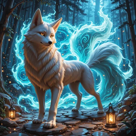 mamasterpiece,semi real, best quality, full body, white nine-tailed fox, ahri in her true fox form, glowing ethereal fur, nine massive flowing tails, intelligent golden eyes, ancient spirit aura, mystical forest, moonlight piercing through the trees, foggy and magical atmosphere, sacred glowing runes around her paws, soft snowfall, divine presence, semi-realistic style, dynamic lighting, cinematic composition, dramatic shadows, glistening fur, fantasy creature, majestic stance, high detail, enchanted white fox, nature spirit, mythical beast, elegant and powerful,embedding:Smooth Quality
