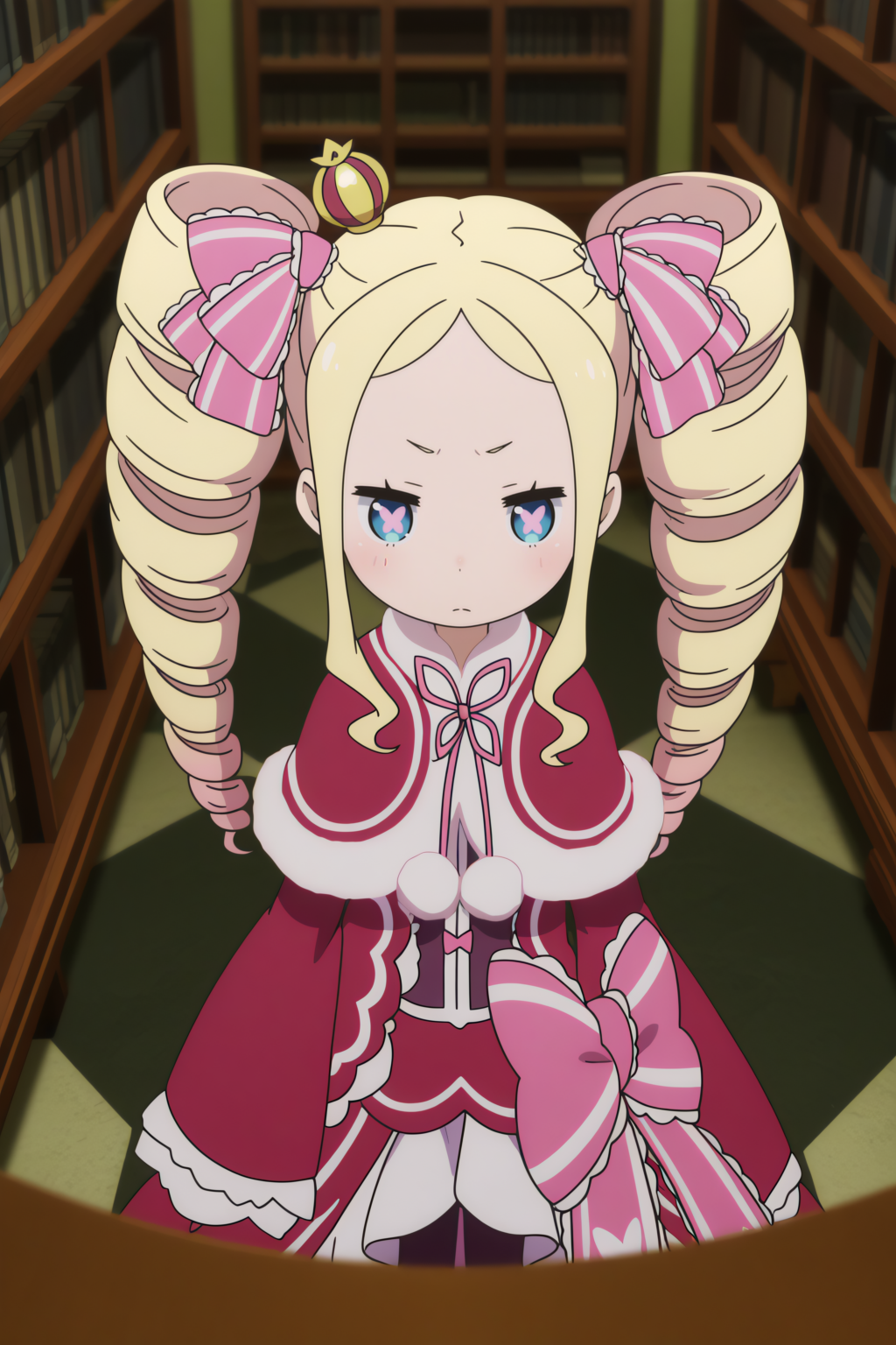 anime coloring, very aesthetic, masterpiece, perfect composition,  beatrice_\(re:zero\), twin drills, depth of field, symbol-shaped pupils, library, from above   <lora:Beatrice-illu:0.8>