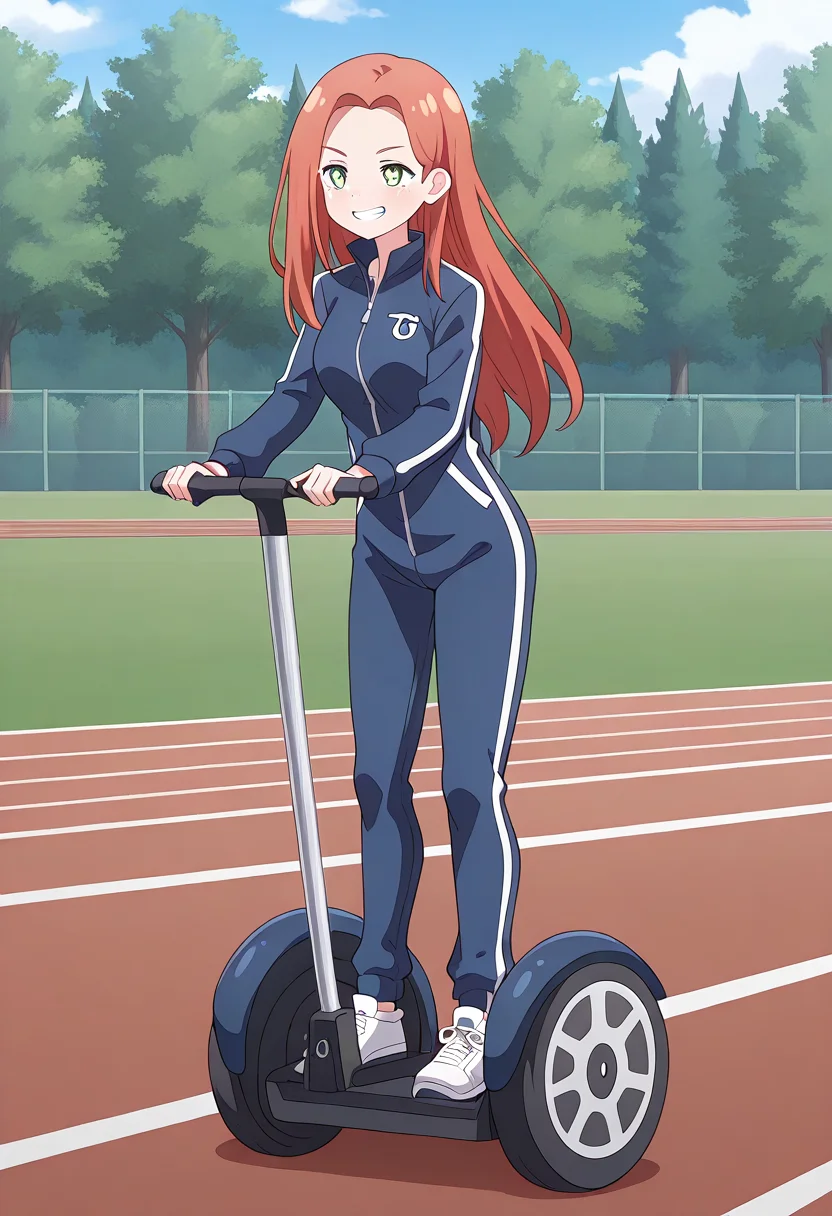 segw4y, riding segway, on segway, 1girl, solo, kyoukolylustea, red hair, parted bangs, long hair, green eyes, white pupils, bright pupils, medium breasts, blue jumpsuit, white sneakers, grin, smile, outdoors, track field