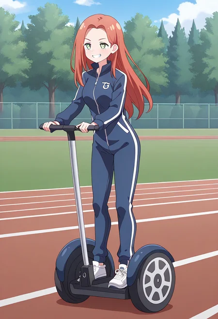 segw4y, riding segway, on segway, 1girl, solo, kyoukolylustea, red hair, parted bangs, long hair, green eyes, white pupils, bright pupils, medium breasts, blue jumpsuit, white sneakers, grin, smile, outdoors, track field