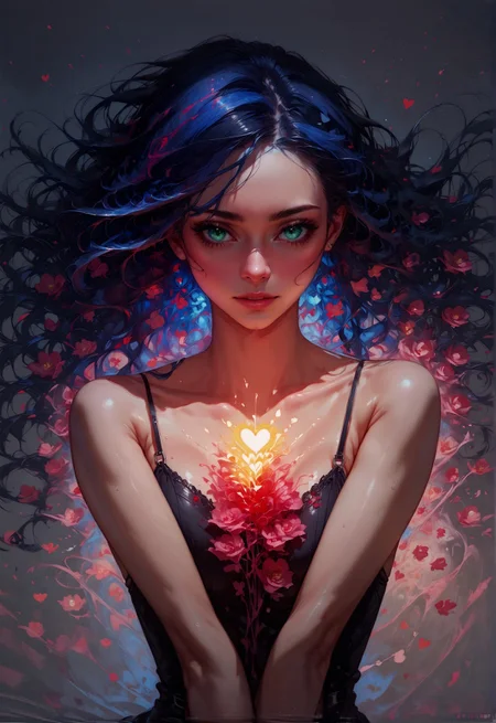 ASCIIscore_9, score_8_up, score_7_up, 1girl, realistic, long hair, wind, galaxy, solo, black dress, floral theme, from front, facing viewer, milky way, (red glow, red hue, red translucent magical glowing flowers:1.12), (green eyes:0.7), (black and red hair:1.15), (abstract:0.25), (art nouveau style:0.1), heart <lora:sdxl\Concept Art Twilight Style SDXL_LoRA_Pony Diffusion V6 XL:0.8>, concept art, <lora:sdxl\Expressive_H-000001:0.8>, expressiveH <lora:sdxl\pony_vixon_galaxy:0.7>, g4l4xy <lora:sdxl\sinfully_stylish_SDXL>