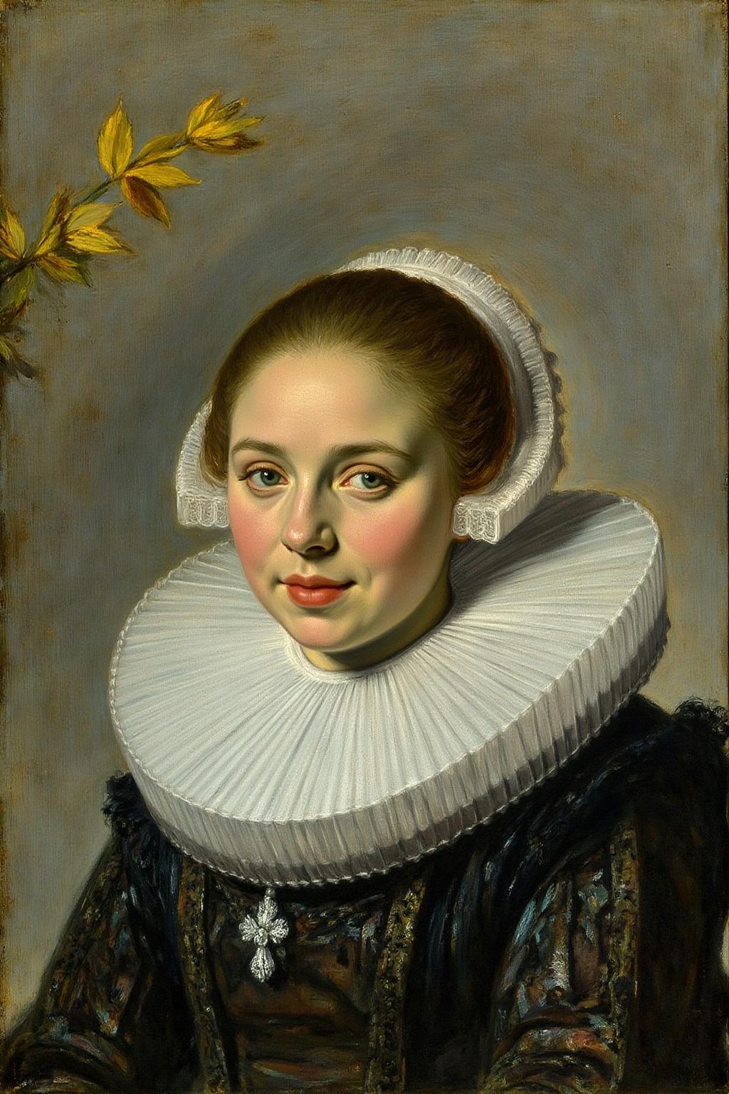 fraha1 painting. a painting of a woman's face is depicted. The woman's head is adorned with a large white bonnet, adorned with ridges and ridges, adding a touch of color to her face. Her eyes are a deep blue, and her lips are a vibrant red. Her hair is pulled back in a ponytail, and she's wearing a black dress with a white collar. The background is a muted gray, with a few wispy yellow leaves on the left side of the frame. <lora:fraha2_nocap_d6a3:1.0><lora:806939121575694839:0>